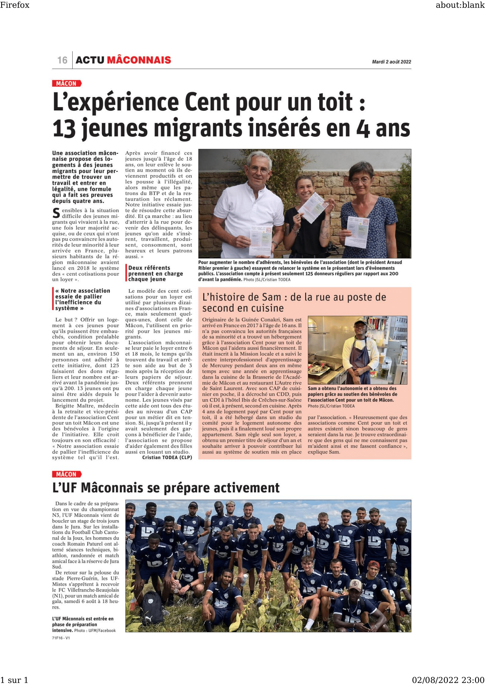 L’expérience Cent pour un toit : 13 jeunes migrants insérés en 4ans. | Article dans le Journal de Saône-et-Loire.