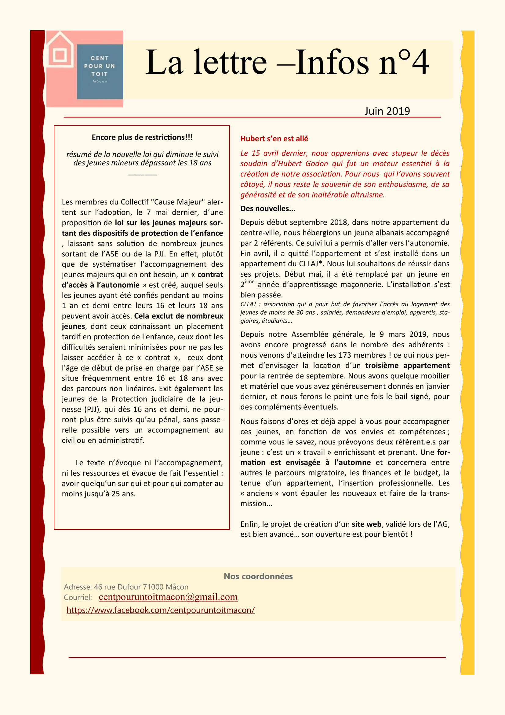 Lettre d’information n°4 de l’association cent pour un toit Mâcon